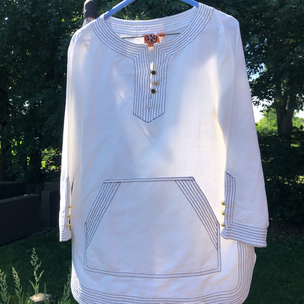 Tory Burch long sleeve top white linen Sz M